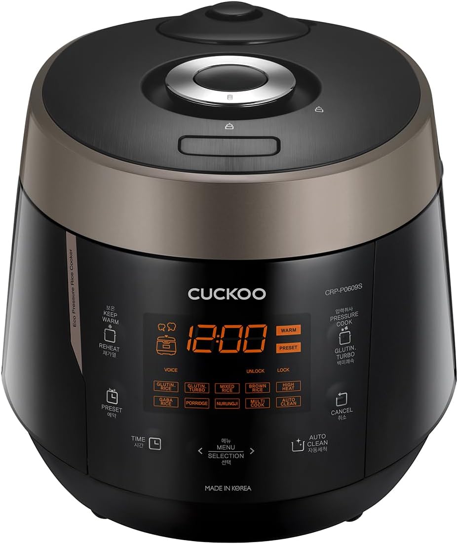 CUCKOO High Pressure Rice Cooker, 12-Cup Cooked, Black, CRP-P0609S | 6-Cup Uncooked Capacity, Nonstick Inner Pot, 13 Cooking Modes, Turbo White Rice in 18-24 Minutes, Auto Clean, Made in Korea