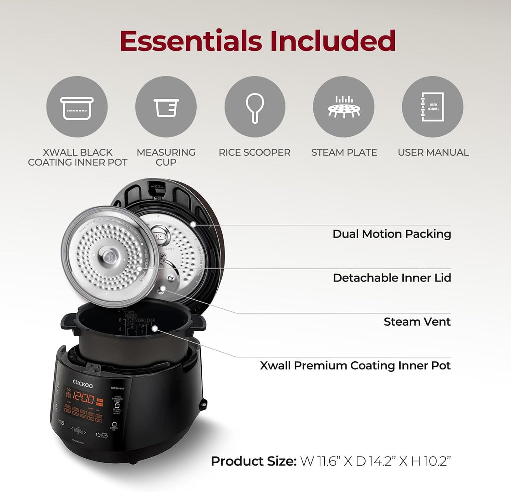 CUCKOO High Pressure Rice Cooker, 12-Cup Cooked, Black, CRP-P0609S | 6-Cup Uncooked Capacity, Nonstick Inner Pot, 13 Cooking Modes, Turbo White Rice in 18-24 Minutes, Auto Clean, Made in Korea