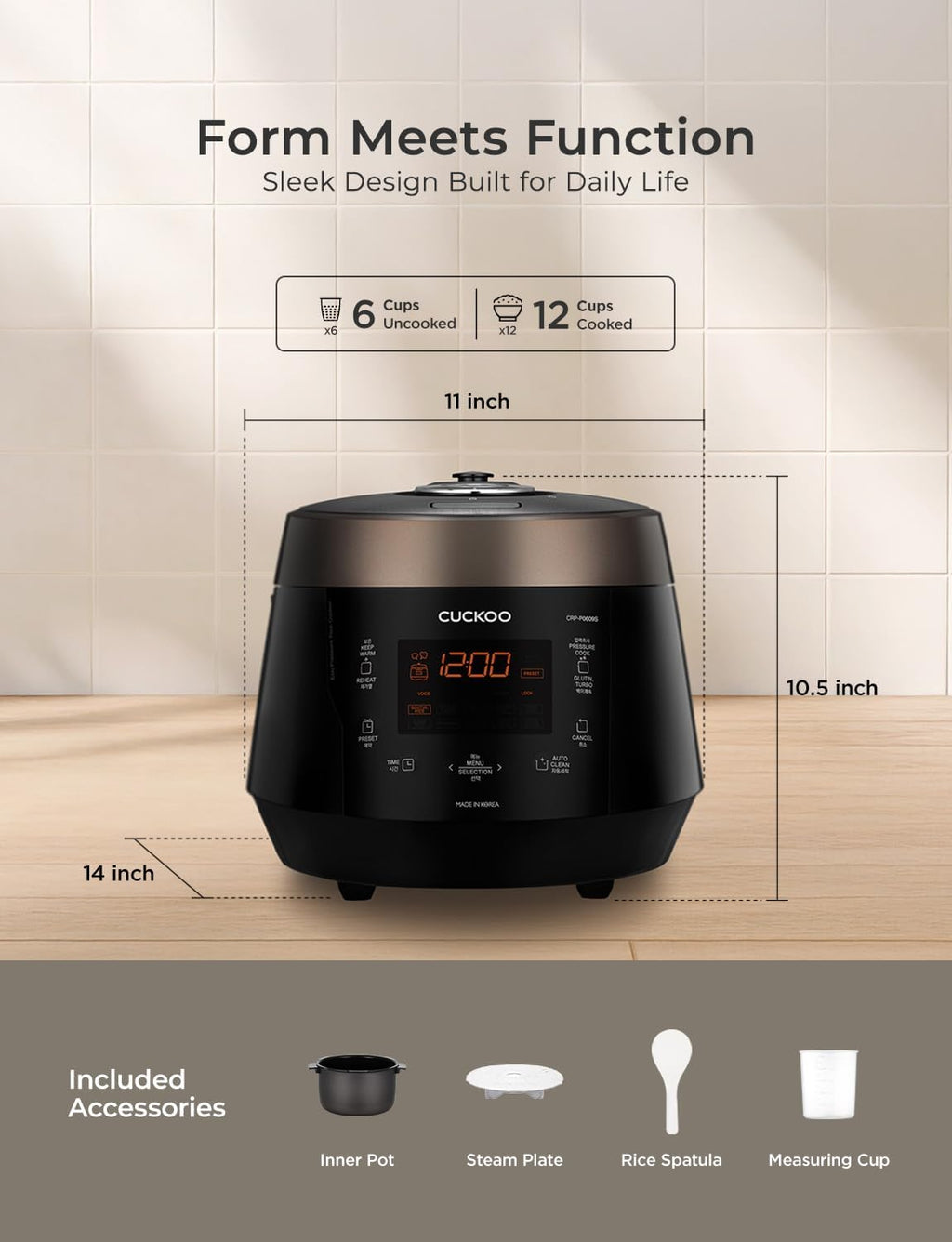 CUCKOO High Pressure Rice Cooker, 12-Cup Cooked, Black, CRP-P0609S | 6-Cup Uncooked Capacity, Nonstick Inner Pot, 13 Cooking Modes, Turbo White Rice in 18-24 Minutes, Auto Clean, Made in Korea