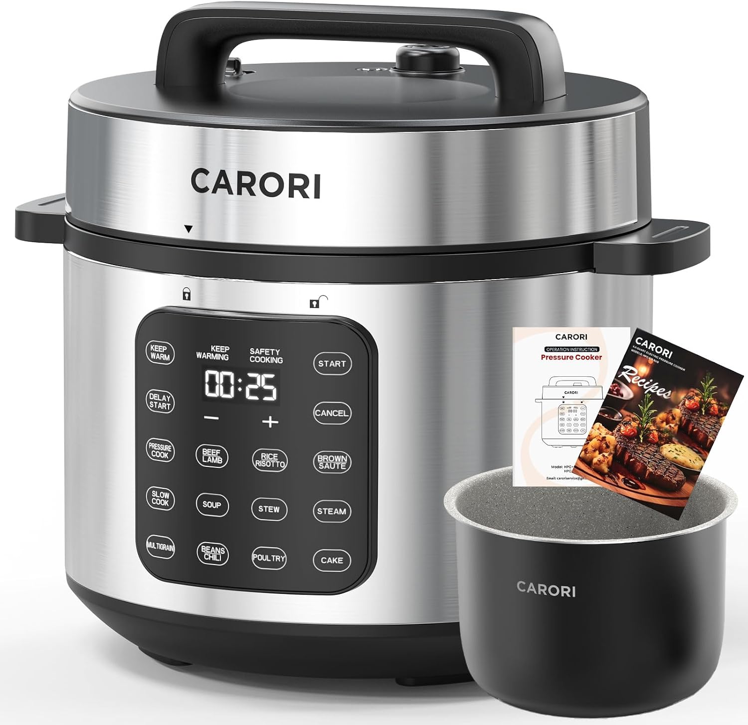 CARORI 8Qt 12-in-1 1200W Stainless Steel Pressure Cooker,Quick Meals, Time-Saving, Healthy, Convenient & Efficient - with Safer Venting & Recipe Book, Silver