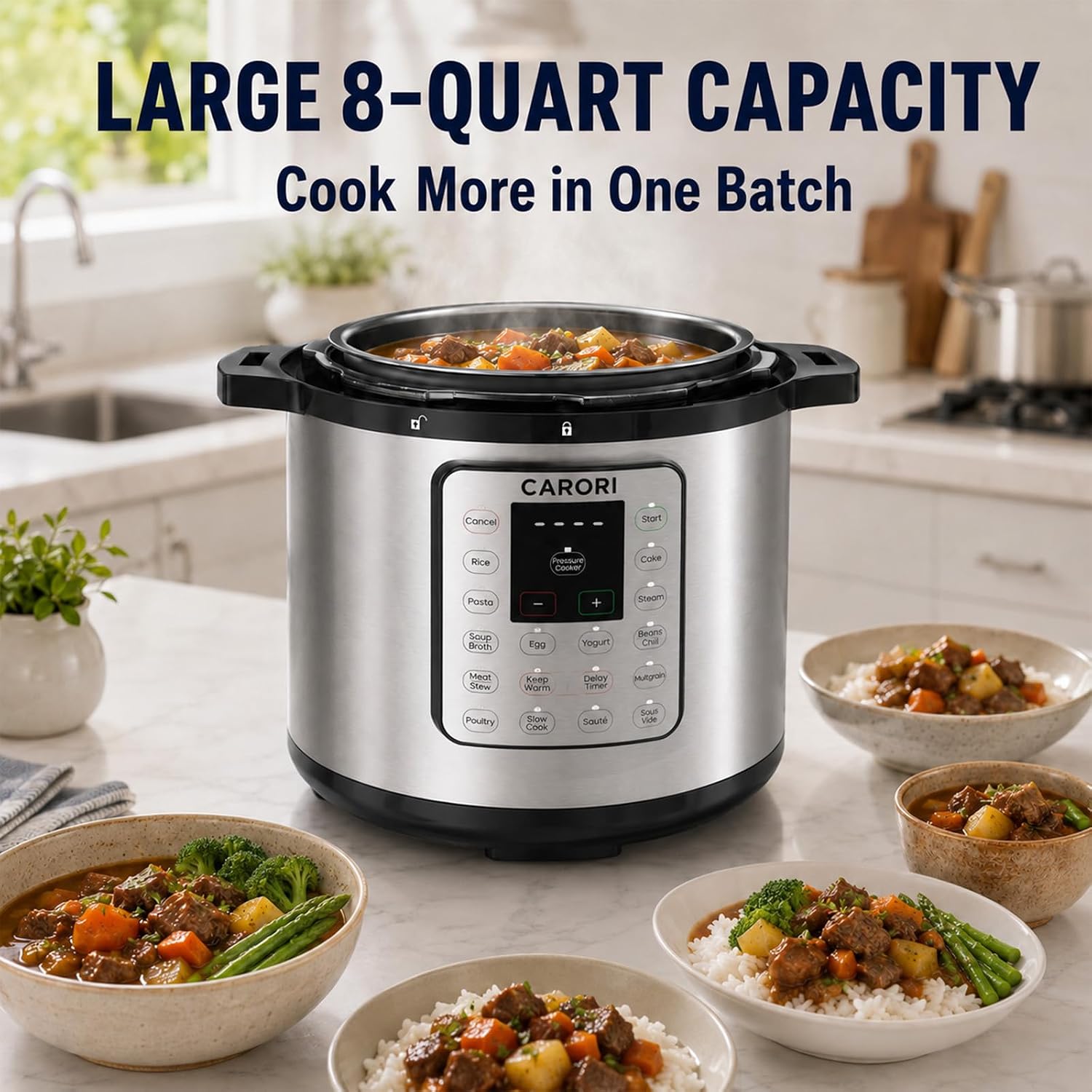 CARORI 8Qt 12-in-1 1200W Stainless Steel Pressure Cooker,Quick Meals, Time-Saving, Healthy, Convenient & Efficient - with Safer Venting & Recipe Book, Silver