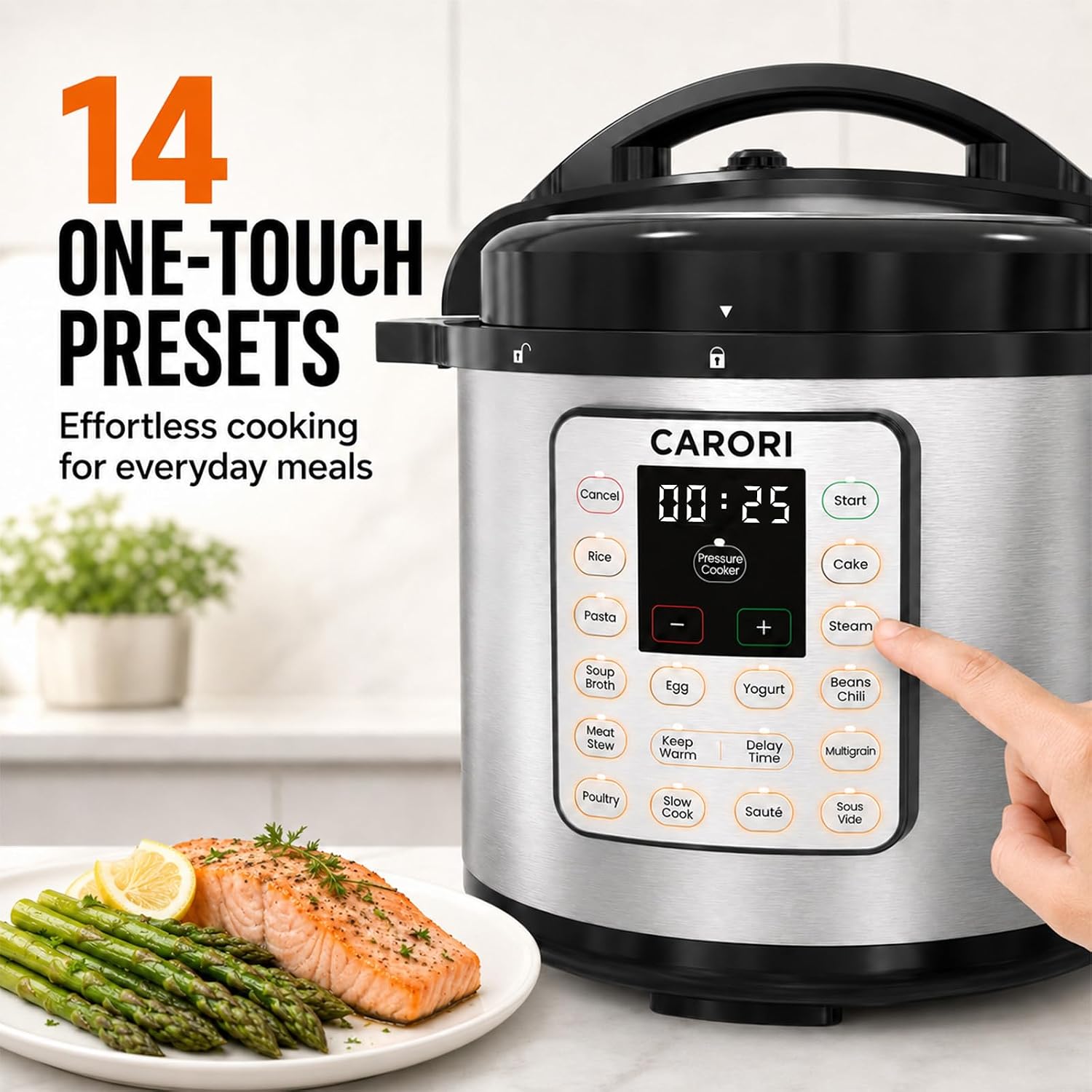 CARORI 8Qt 12-in-1 1200W Stainless Steel Pressure Cooker,Quick Meals, Time-Saving, Healthy, Convenient & Efficient - with Safer Venting & Recipe Book, Silver