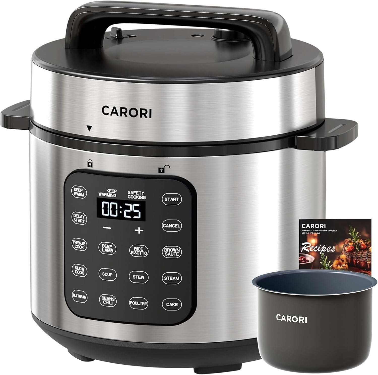 CARORI 8Qt 12-in-1 1200W Stainless Steel Pressure Cooker,Quick Meals, Time-Saving, Healthy, Convenient & Efficient - with Safer Venting & Recipe Book, Silver