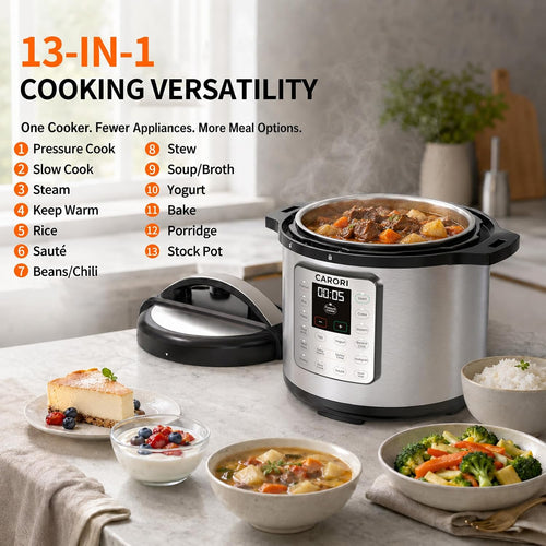 CARORI 8Qt 12-in-1 1200W Stainless Steel Pressure Cooker,Quick Meals, Time-Saving, Healthy, Convenient & Efficient - with Safer Venting & Recipe Book, Silver