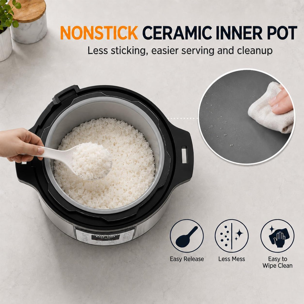 CARORI 8Qt 12-in-1 1200W Stainless Steel Pressure Cooker,Quick Meals, Time-Saving, Healthy, Convenient & Efficient - with Safer Venting & Recipe Book, Silver