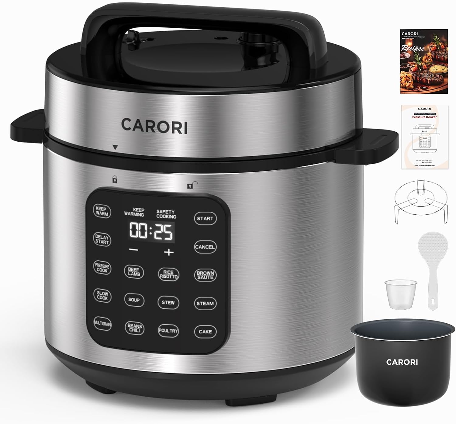 CARORI 8Qt 12-in-1 1200W Stainless Steel Pressure Cooker,Quick Meals, Time-Saving, Healthy, Convenient & Efficient - with Safer Venting & Recipe Book, Silver