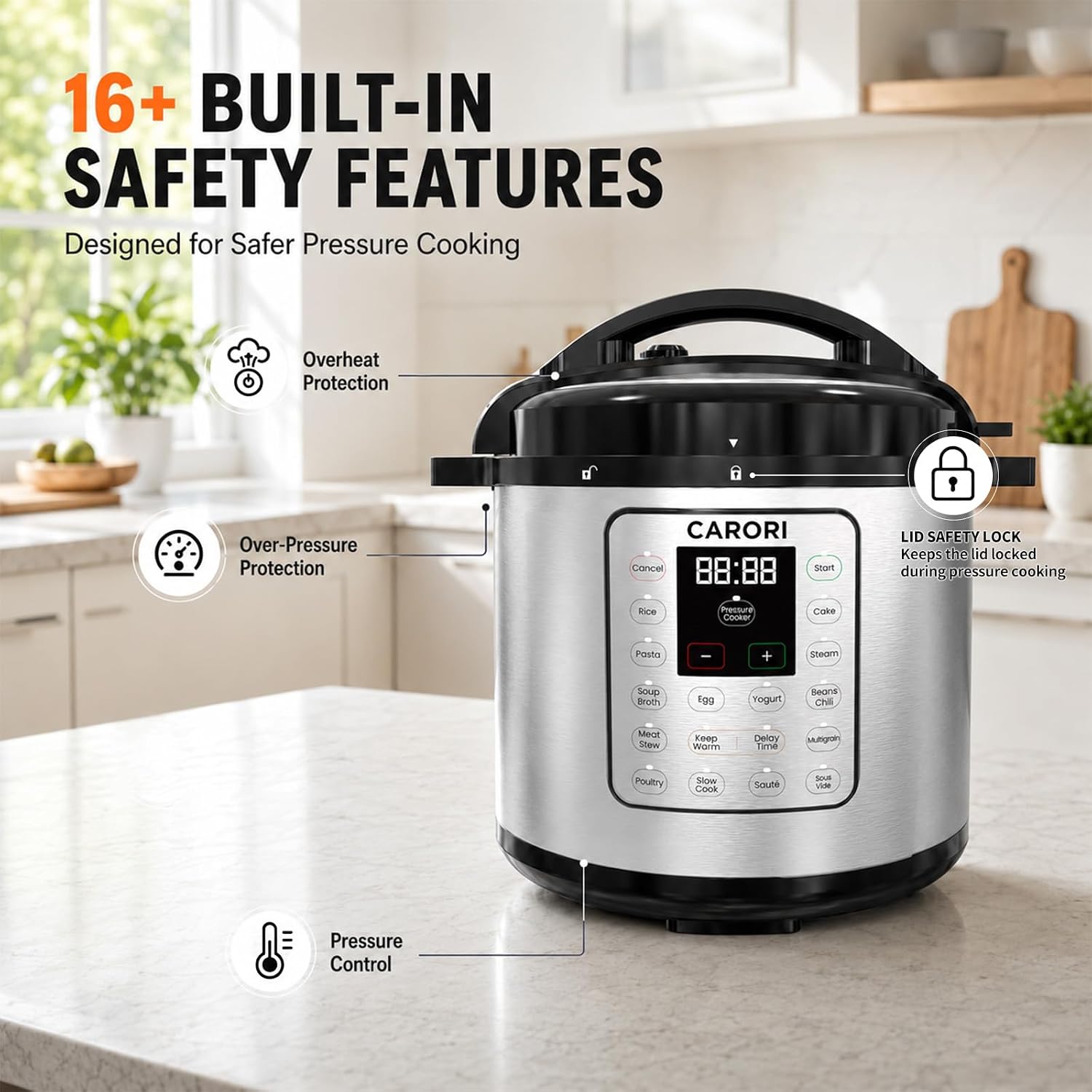 CARORI 8Qt 12-in-1 1200W Stainless Steel Pressure Cooker,Quick Meals, Time-Saving, Healthy, Convenient & Efficient - with Safer Venting & Recipe Book, Silver