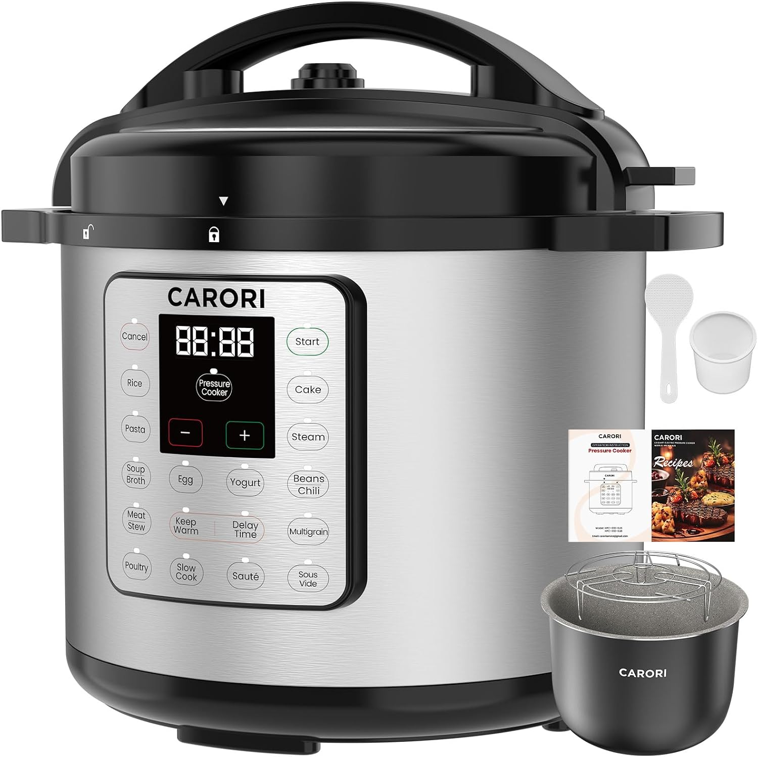 CARORI 8Qt 12-in-1 1200W Stainless Steel Pressure Cooker,Quick Meals, Time-Saving, Healthy, Convenient & Efficient - with Safer Venting & Recipe Book, Silver