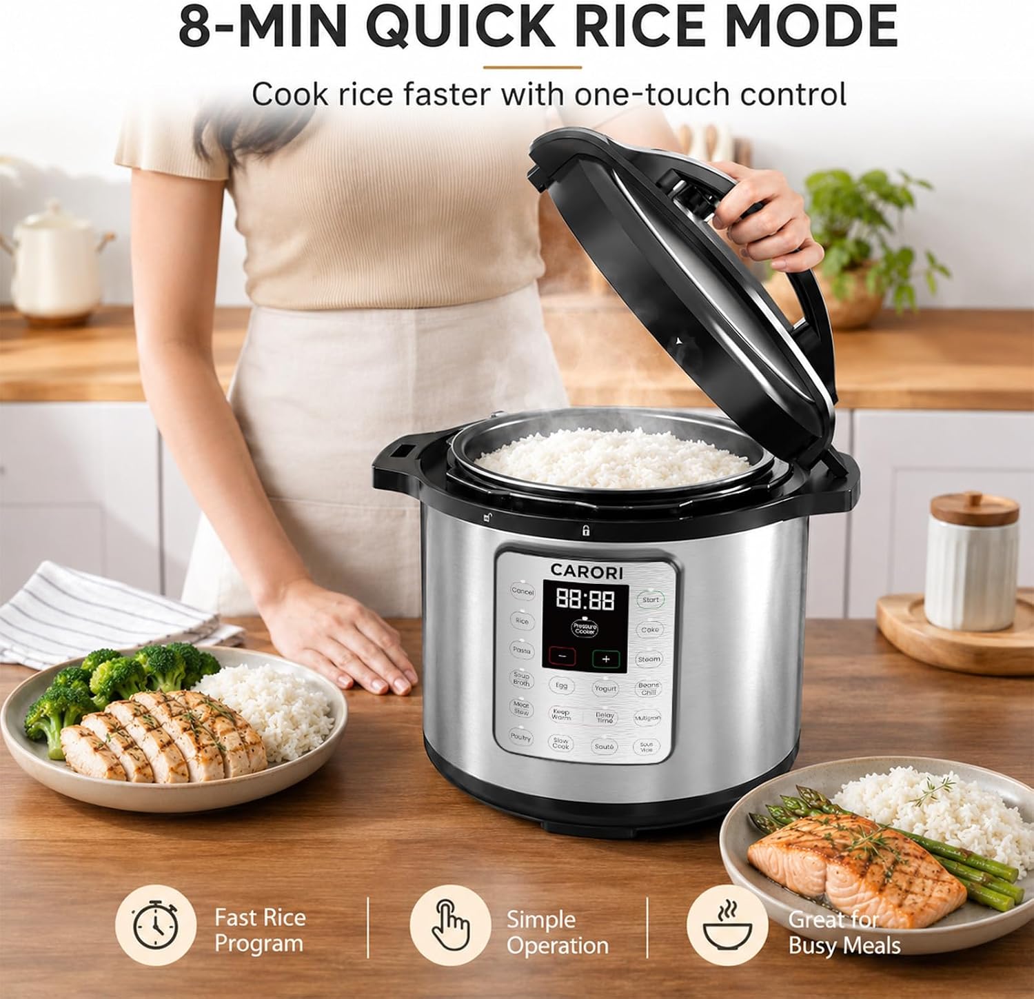 CARORI 8Qt 12-in-1 1200W Stainless Steel Pressure Cooker,Quick Meals, Time-Saving, Healthy, Convenient & Efficient - with Safer Venting & Recipe Book, Silver
