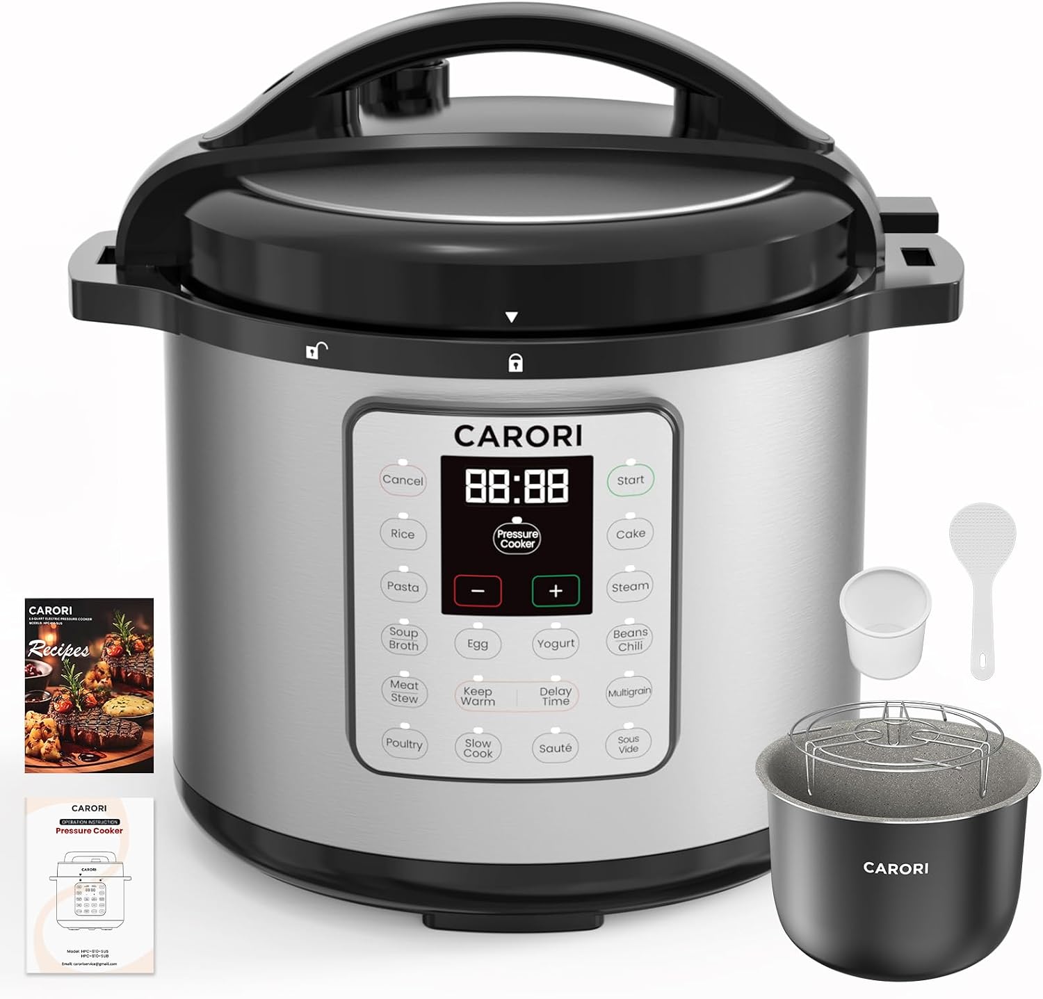 CARORI 8Qt 12-in-1 1200W Stainless Steel Pressure Cooker,Quick Meals, Time-Saving, Healthy, Convenient & Efficient - with Safer Venting & Recipe Book, Silver
