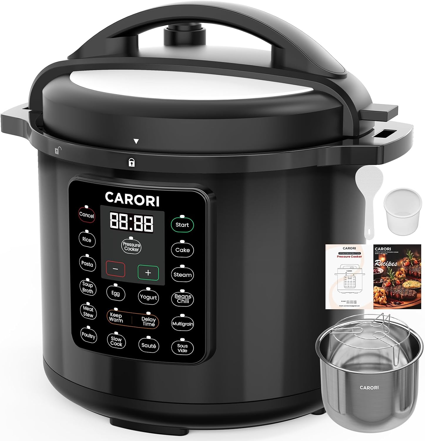 CARORI 8Qt 12-in-1 1200W Stainless Steel Pressure Cooker,Quick Meals, Time-Saving, Healthy, Convenient & Efficient - with Safer Venting & Recipe Book, Silver