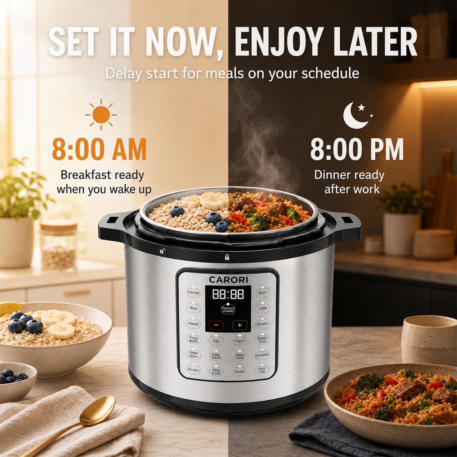CARORI 8Qt 12-in-1 1200W Stainless Steel Pressure Cooker,Quick Meals, Time-Saving, Healthy, Convenient & Efficient - with Safer Venting & Recipe Book, Silver
