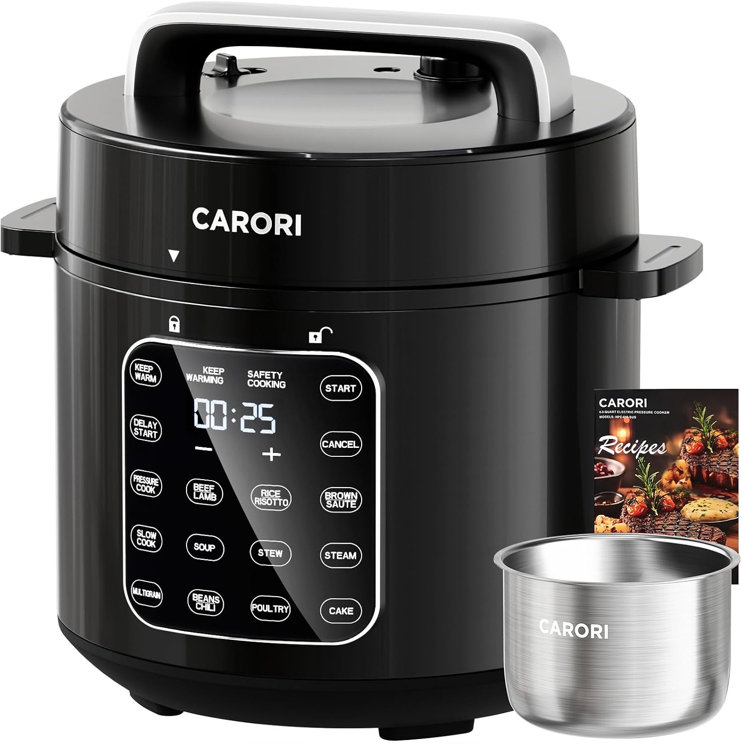 CARORI 8Qt 12-in-1 1200W Stainless Steel Pressure Cooker,Quick Meals, Time-Saving, Healthy, Convenient & Efficient - with Safer Venting & Recipe Book, Silver