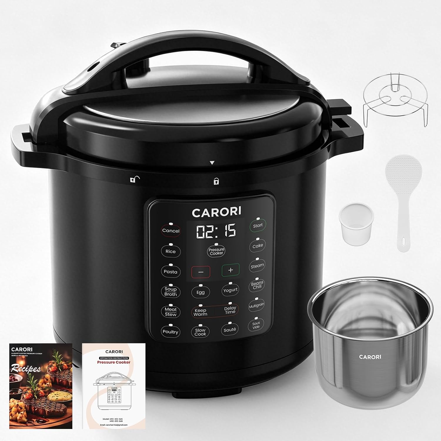 CARORI 8Qt 12-in-1 1200W Stainless Steel Pressure Cooker,Quick Meals, Time-Saving, Healthy, Convenient & Efficient - with Safer Venting & Recipe Book, Silver