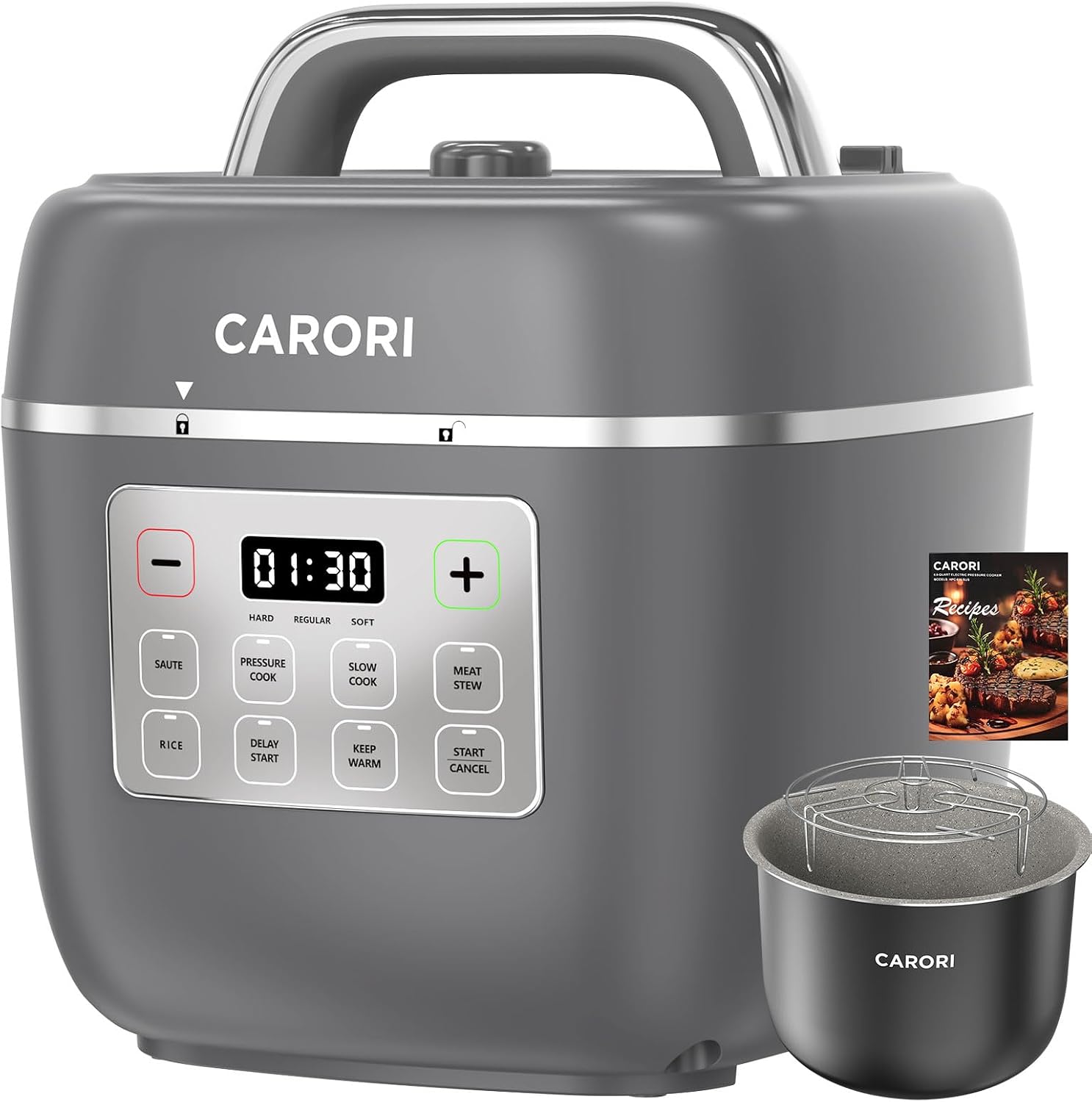 CARORI 8Qt 12-in-1 1200W Stainless Steel Pressure Cooker,Quick Meals, Time-Saving, Healthy, Convenient & Efficient - with Safer Venting & Recipe Book, Silver